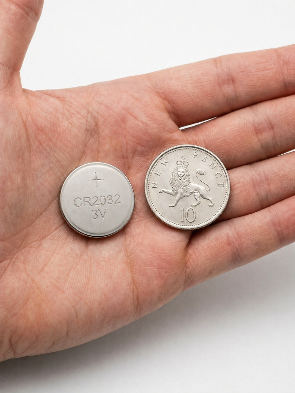 CR2032 battery actual size in hand