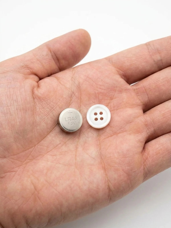 LR44 battery actual size in hand