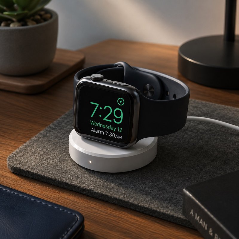 Smartwatch on magnetic charging cradle