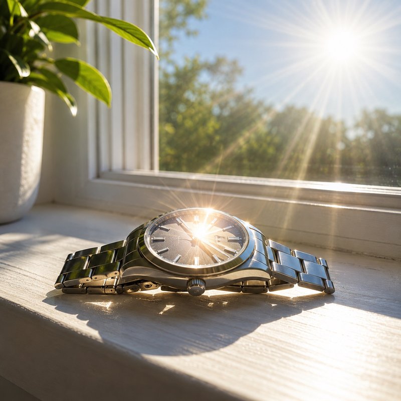 Solar watch charging in sunlight on a windowsill