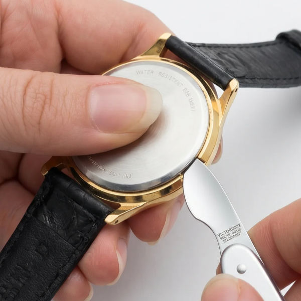 Close-up of snap-back caseback on a budget watch showing the pry notch