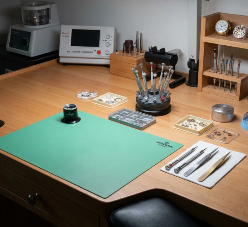 Professional jeweller's watchmaking bench with tools, Bergeon mat, and timing equipment