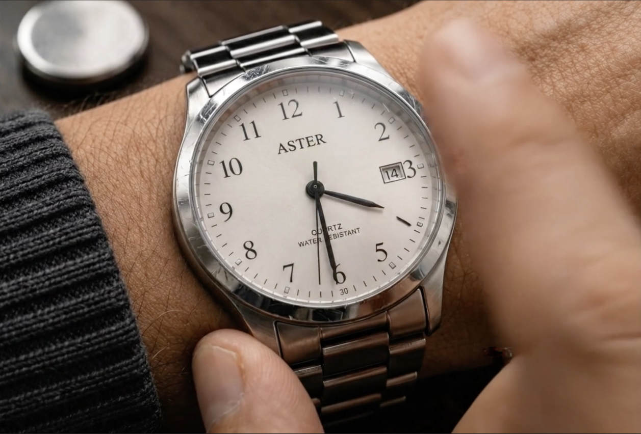 Close-up of a stopped wristwatch on a wrist