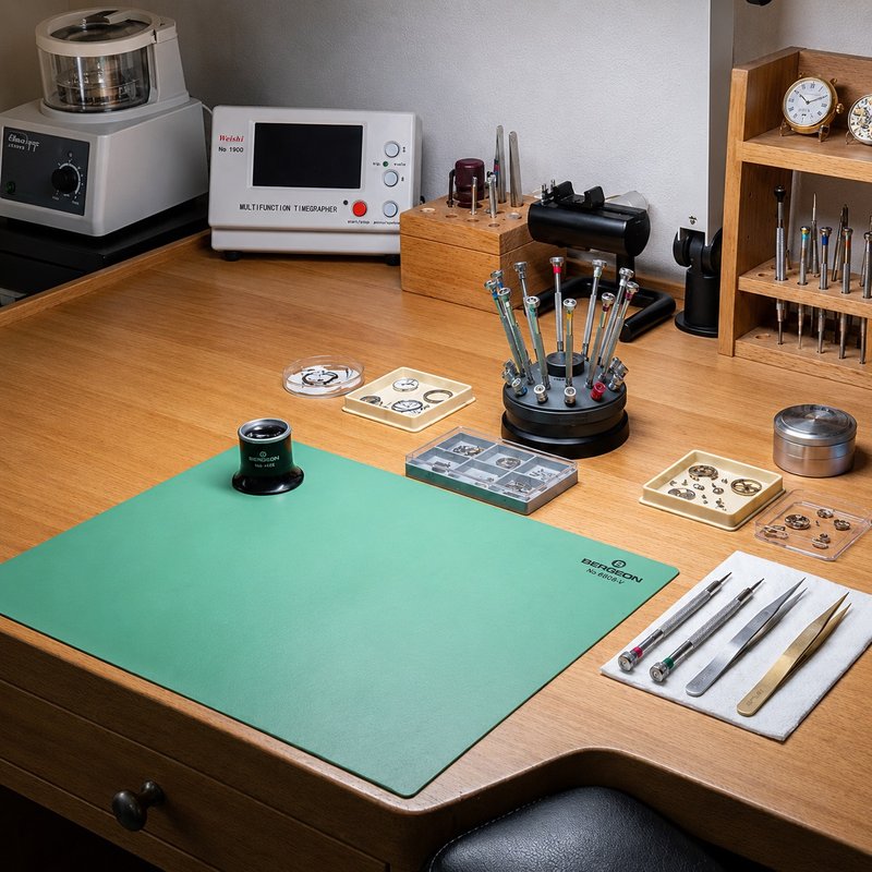 Professional watchmaker's workbench with precision tools